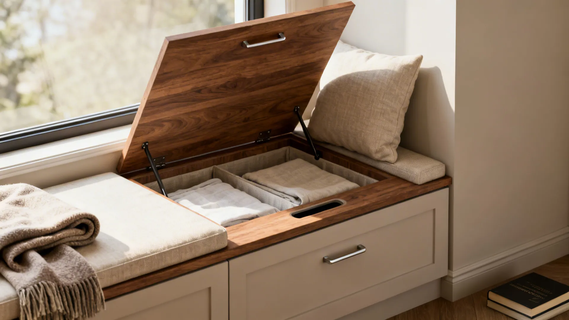 Close-up of a window bench with hidden storage and linen cushion in a light neutral interior.