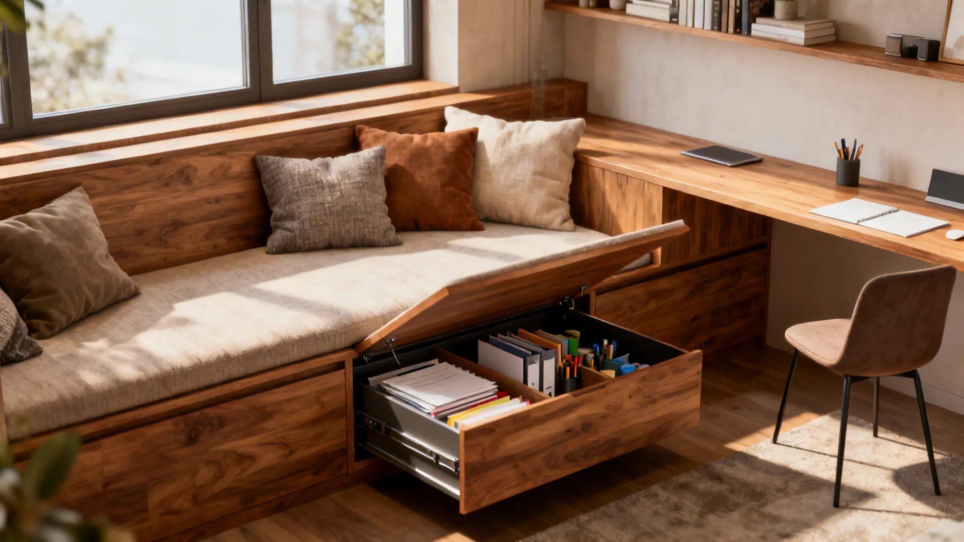 Built-in bench with lift-up storage used as a multifunctional desk and seating area