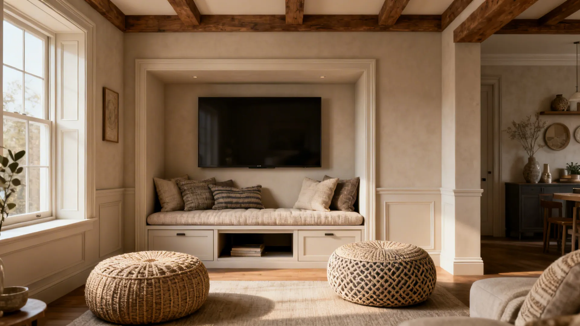 Narrow living room with a built-in bench under a recessed TV nook and storage seating