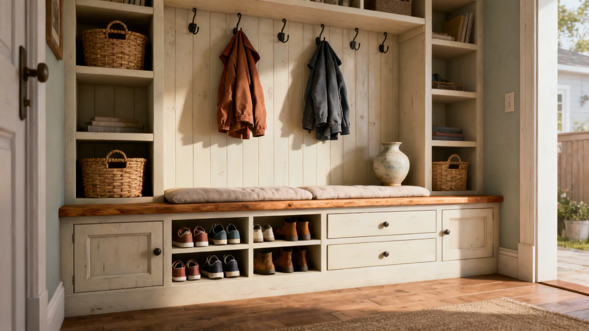 Built-in bench with a combination of open cubbies and closed drawers for shoe storage