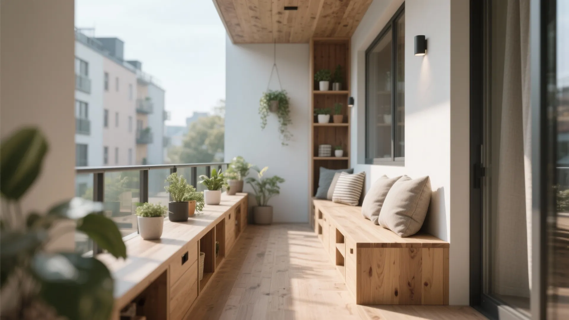 Modern balcony featuring built-in wooden bench seating with grey pillows and many small potted plants