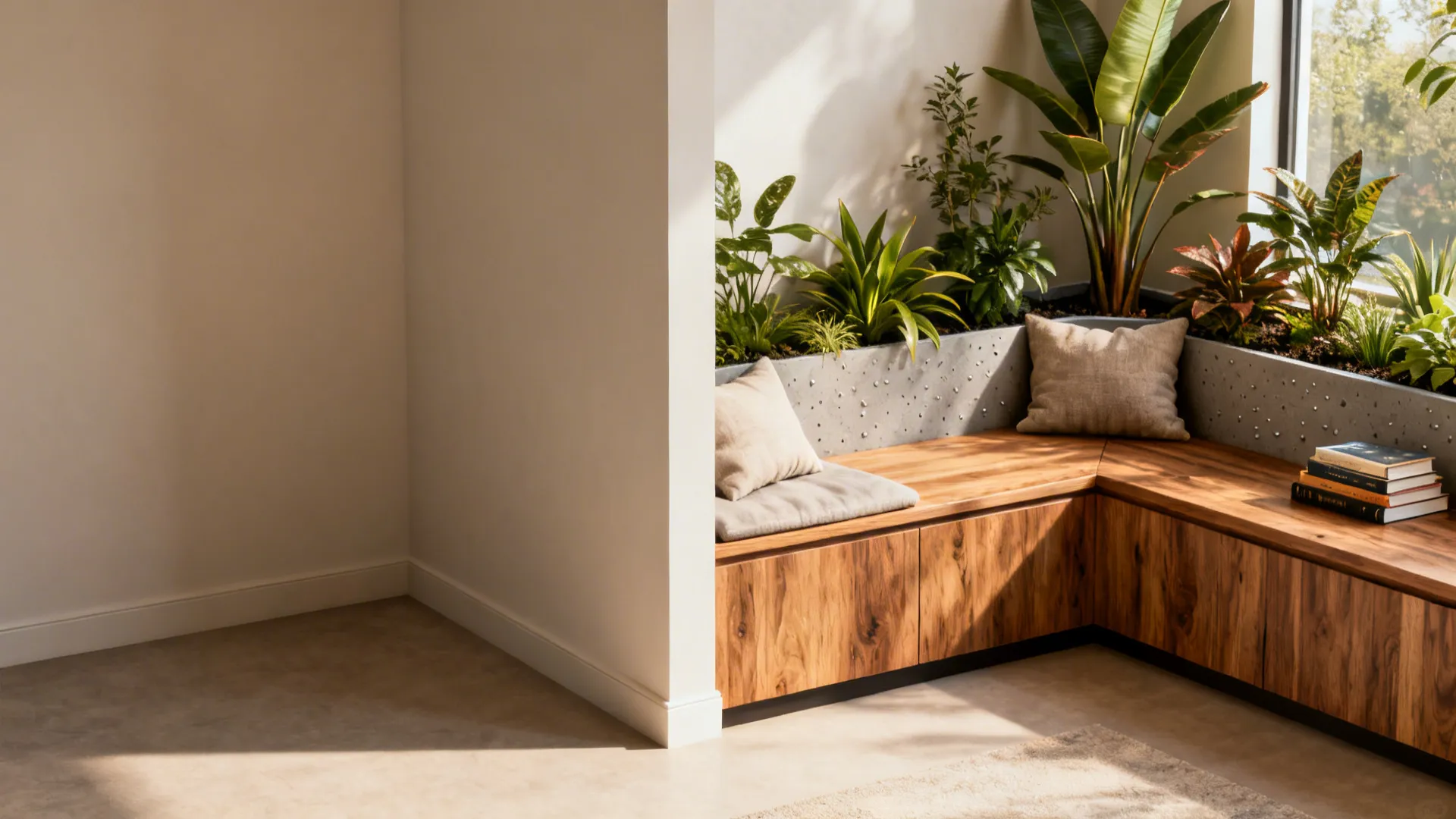 Before and after of a corner transformed into a built-in bench with integrated planters and cushions