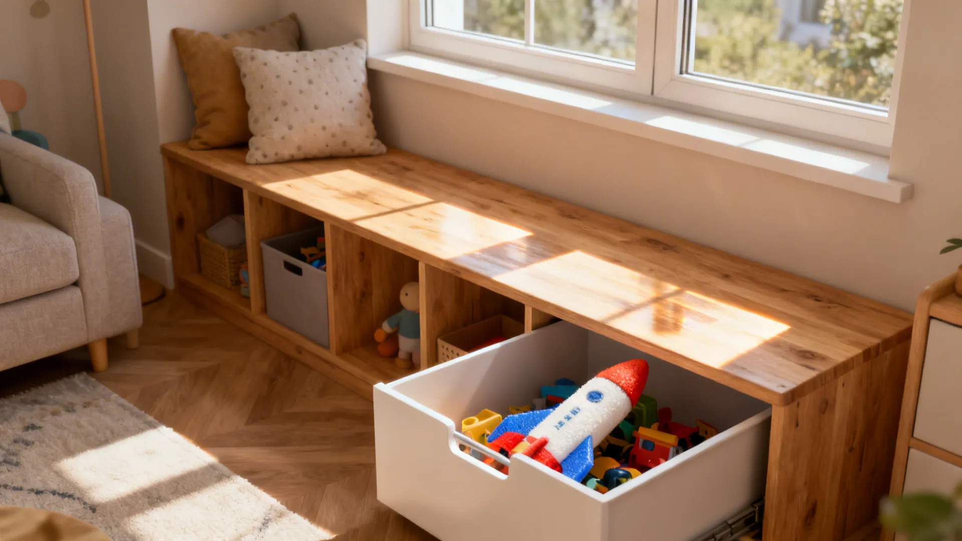 Wooden window bench with open storage cubbies and a white drawer filled with colorful toy rockets