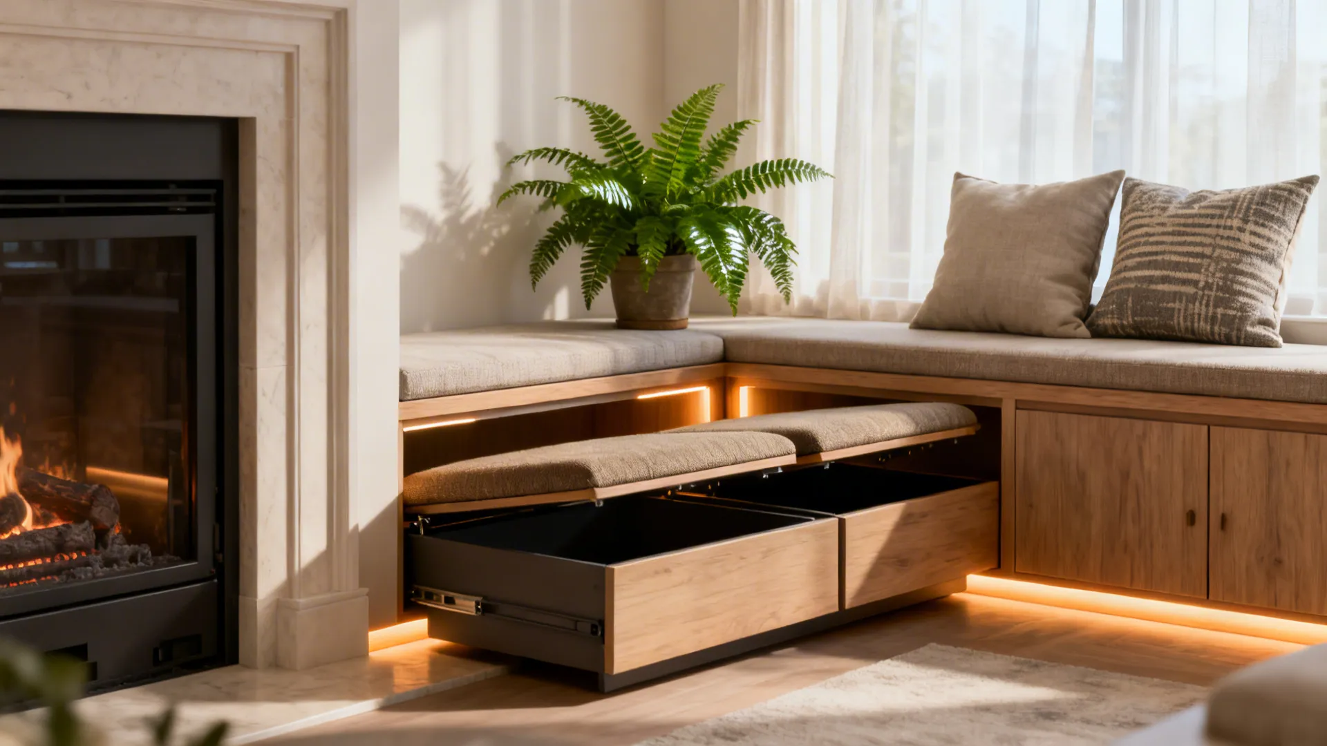 Corner fireplace with built-in bench seating and storage under cushions in a neutral living room.