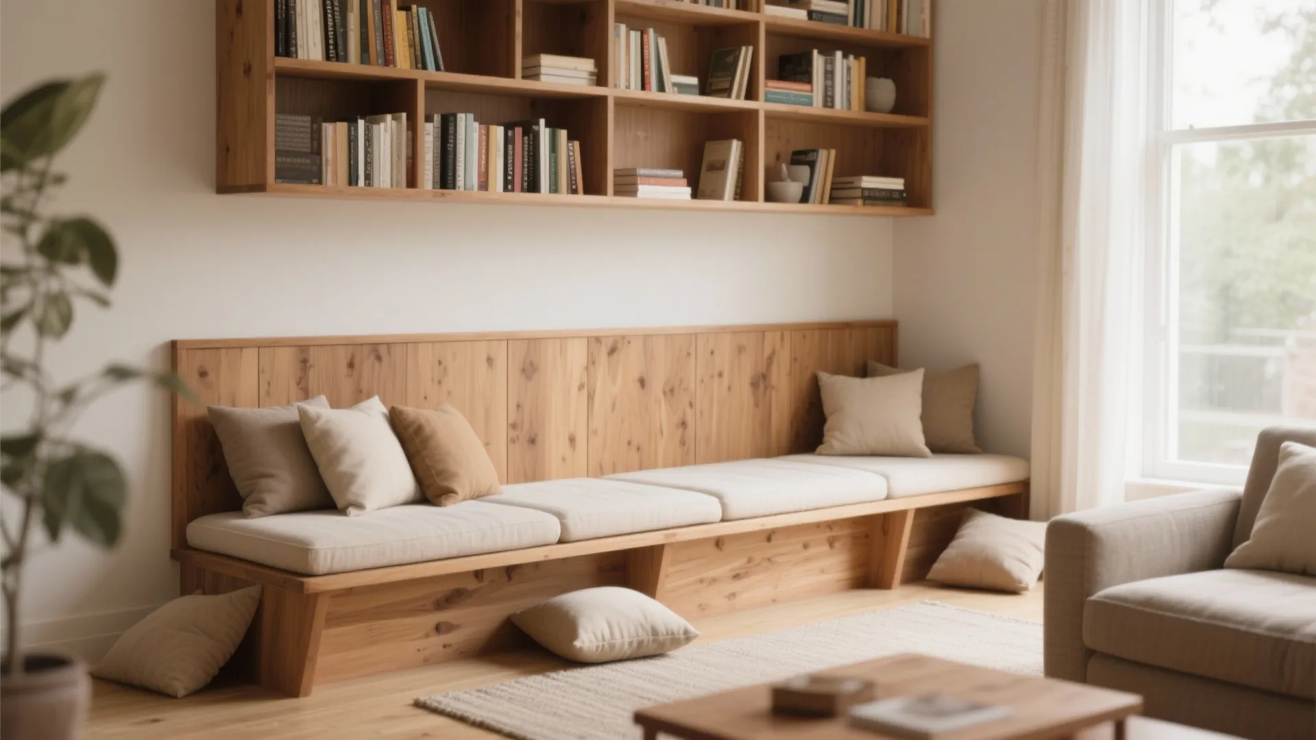 Modern wooden bench with white cushions pillows wall shelves with books and bright window light view