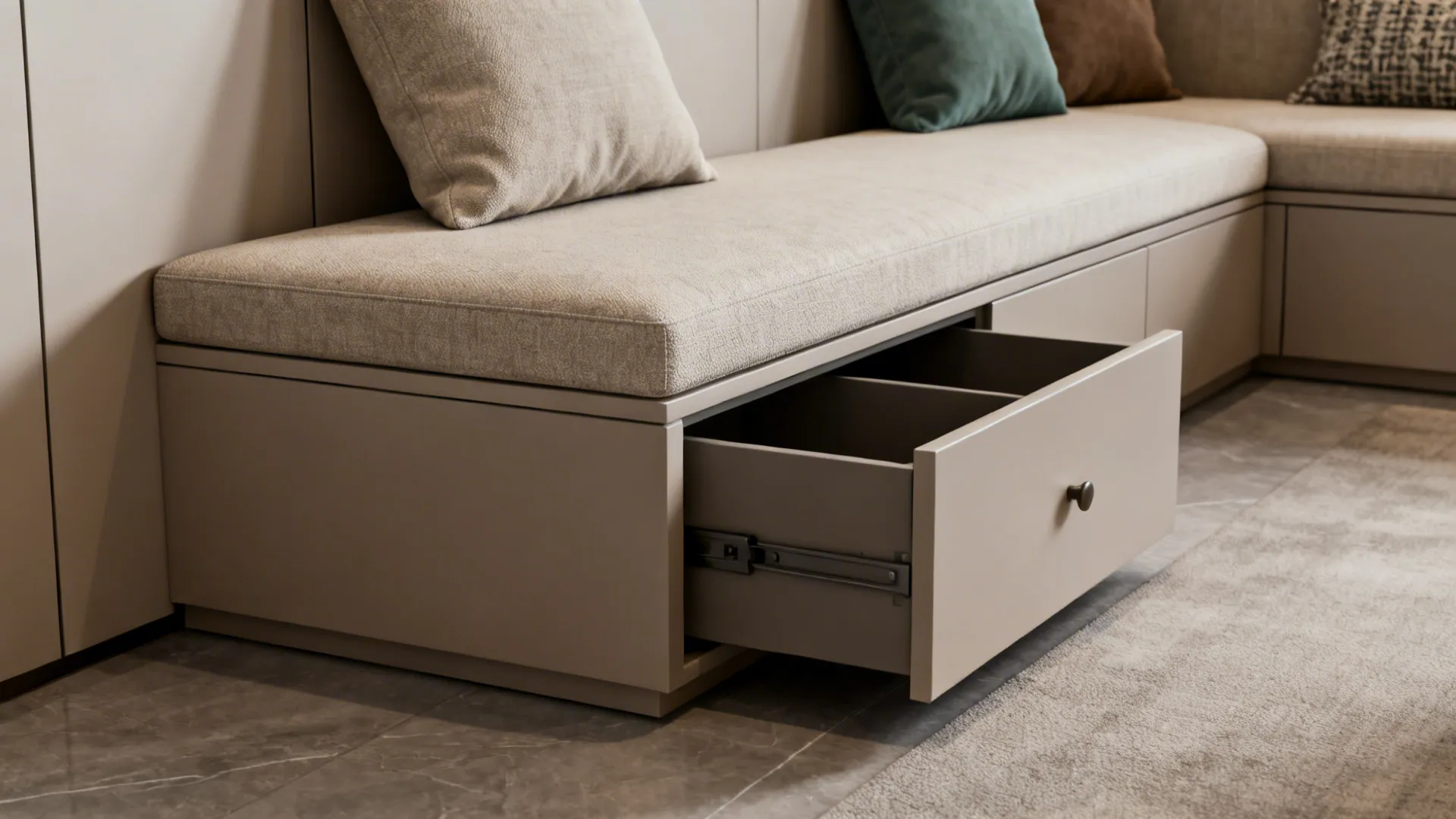 Close-up of a built-in bench used as part of an L-shaped seating solution with storage.