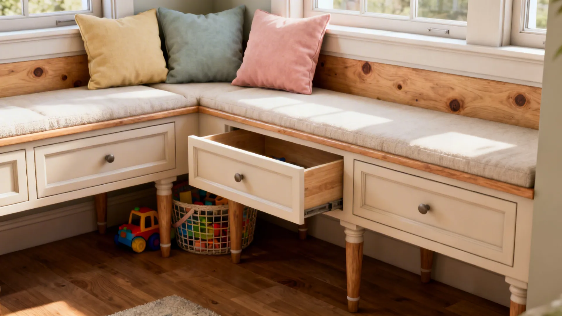 Built-in bench with storage drawers and cushions in the short leg of an L-shaped living room.