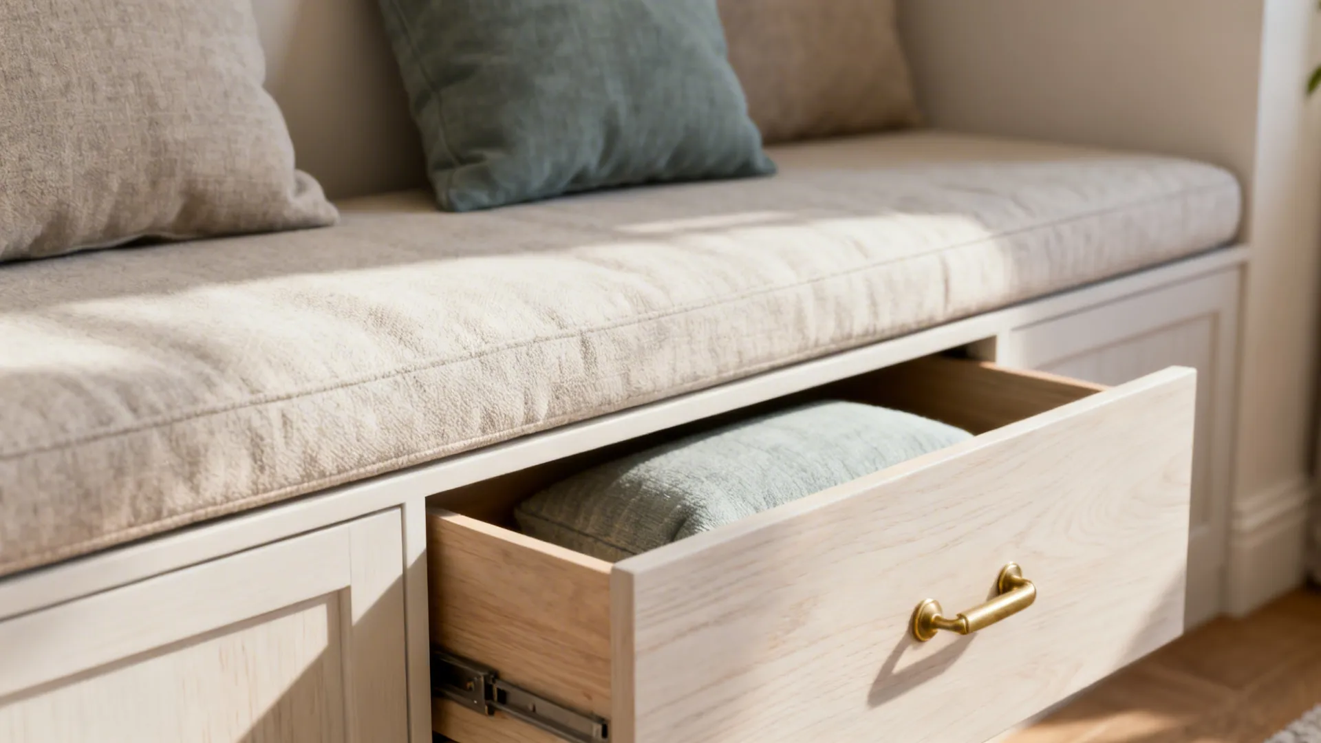 Close-up of built-in bench seating with lift-up storage and plush cushions