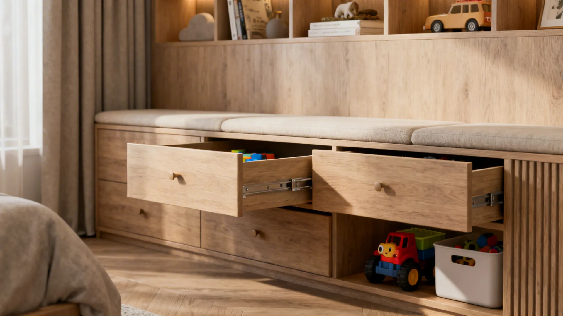Detail of built-in bench seating with hidden storage drawers and recessed shelving above.