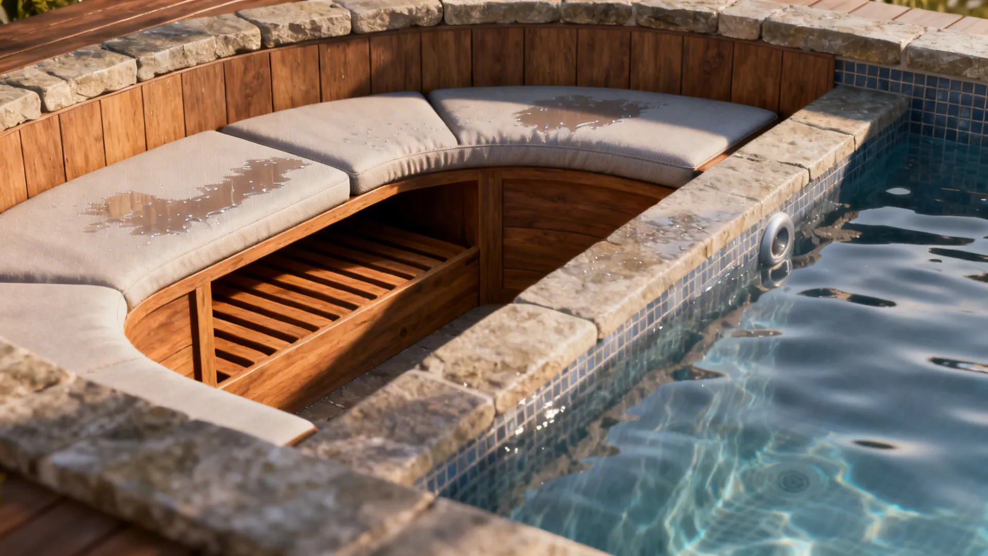 Close-up of a built-in bench with storage surrounding a small hot tub, showing water-resistant materials.