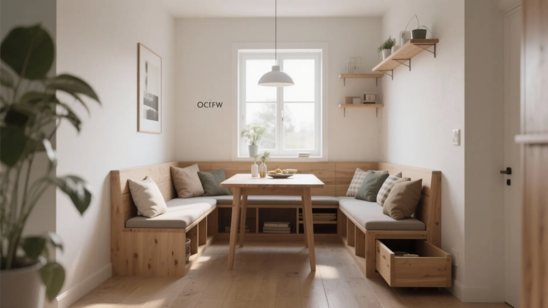 Small dining area with built-in wooden bench seating