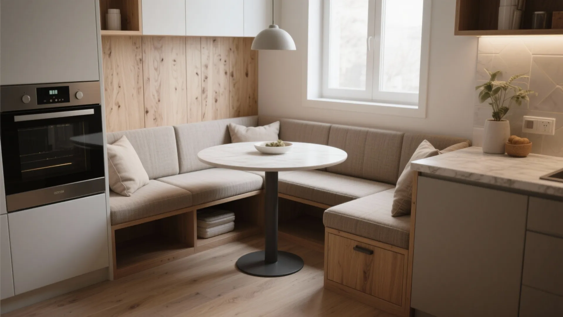 Modern dining area with built in corner bench round white table wood panel and oven