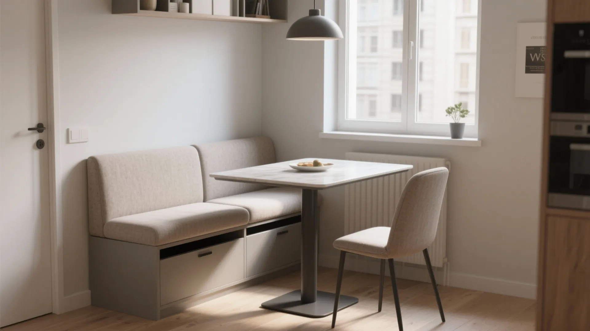 Built-in bench dining seating with hidden storage in a bright small apartment