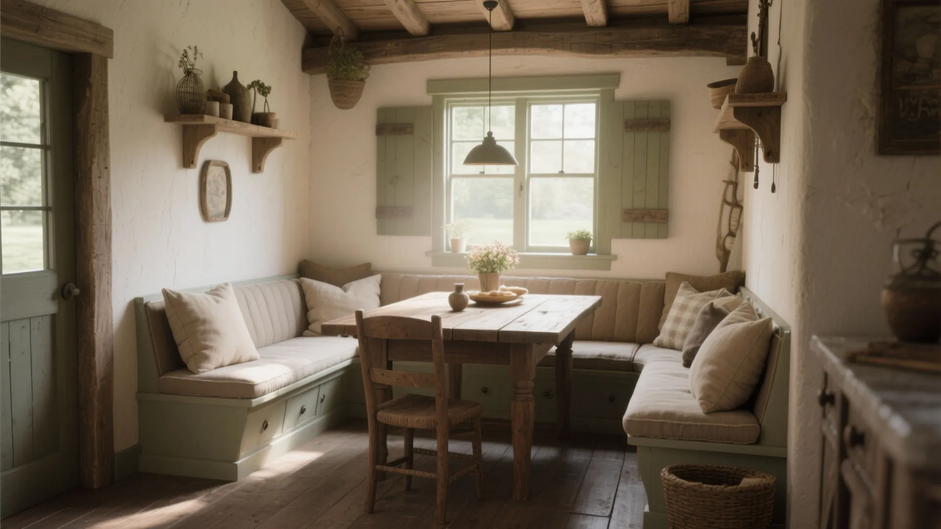 Dining area with built-in bench seating and cushions
