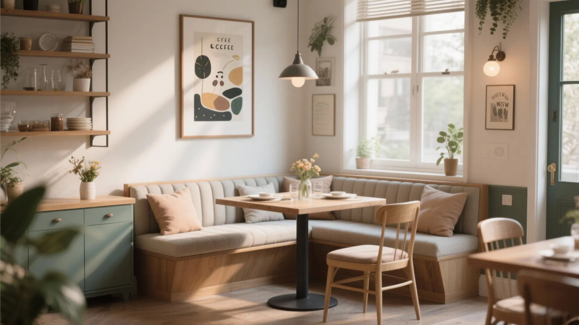Cozy dining nook with built-in bench seating wooden table wall art and small green cabinet