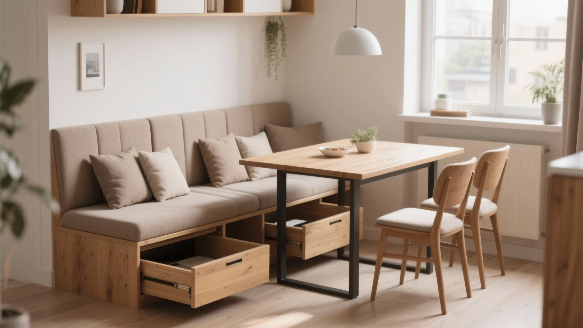 Wooden dining bench with storage drawers underneath a wooden table and two modern dining chairs