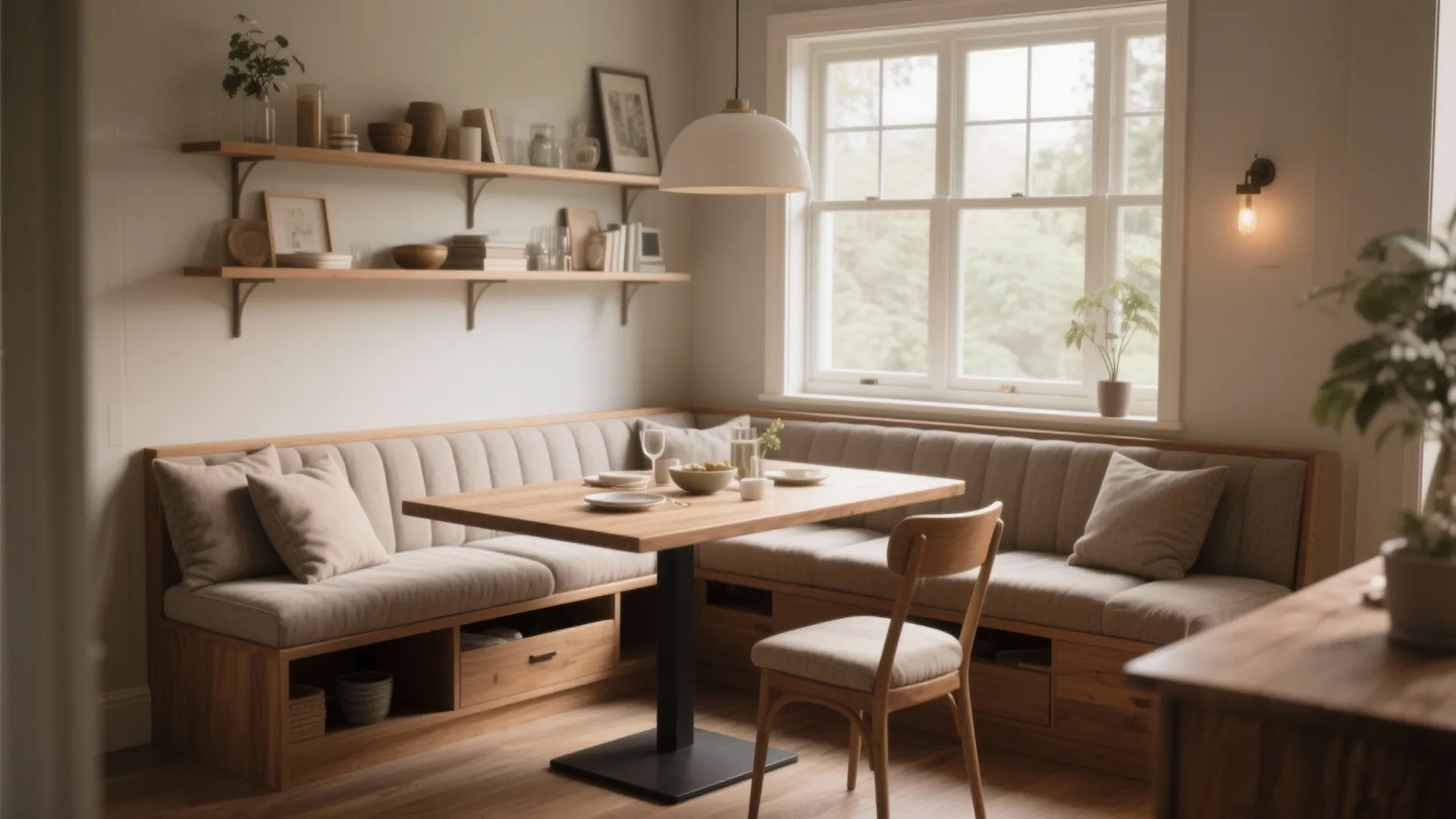 Modern dining area with L-shaped built-in bench wooden table white ceiling light and wall shelves