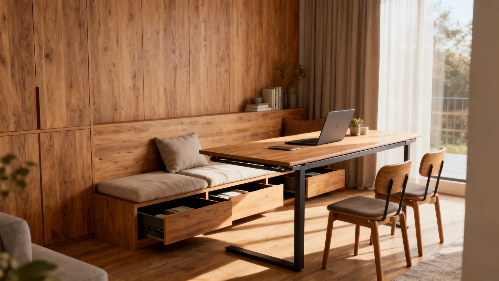 Built-in bench seating with under-seat storage paired with a slim extendable dining table in a compact living-dining layout.