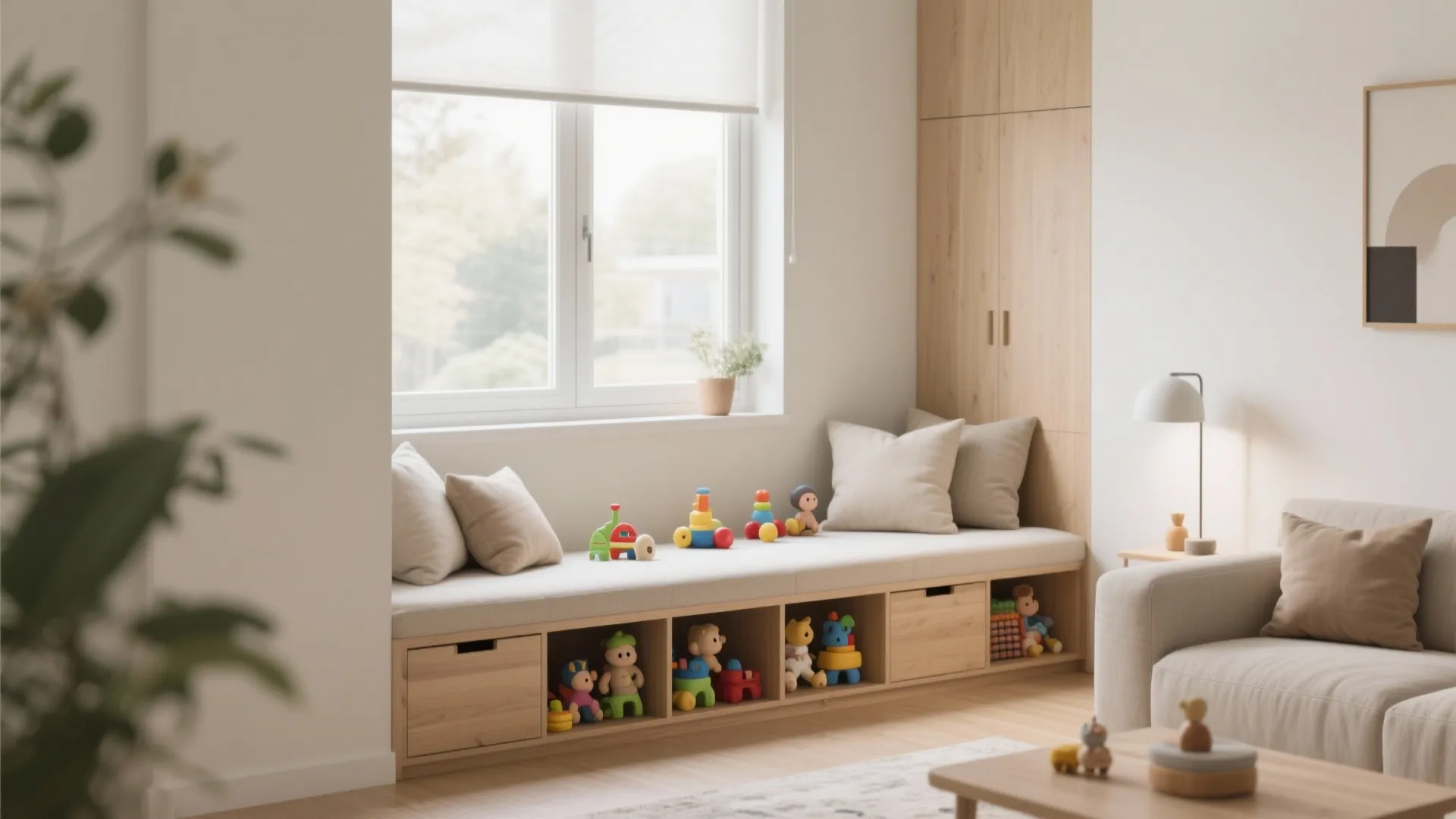 Built-in window bench with hidden drawers storing toys in a modern living room