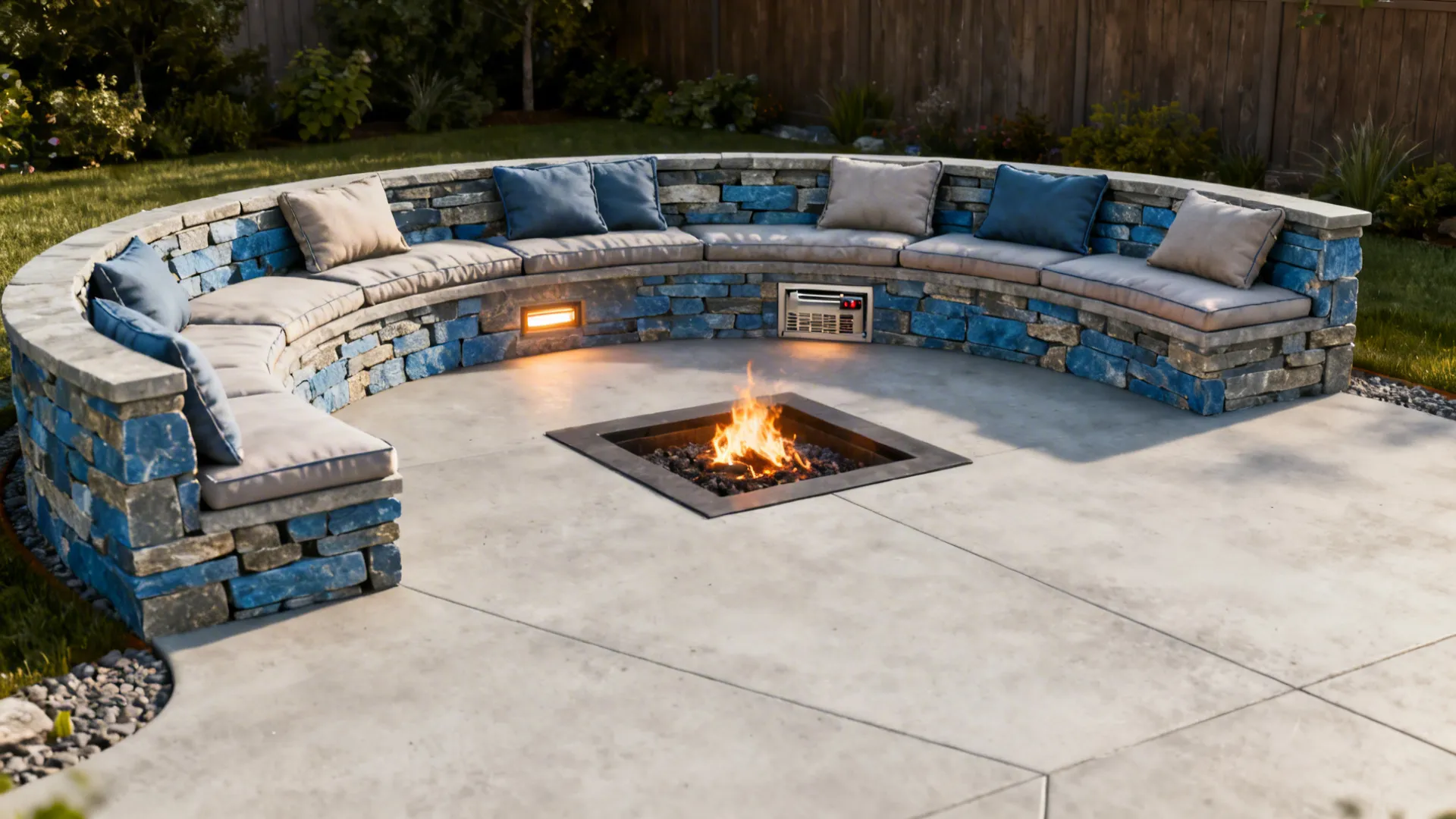 Built-in bluestone bench wrapping a recessed propane fire pit on a small patio with removable cushions.