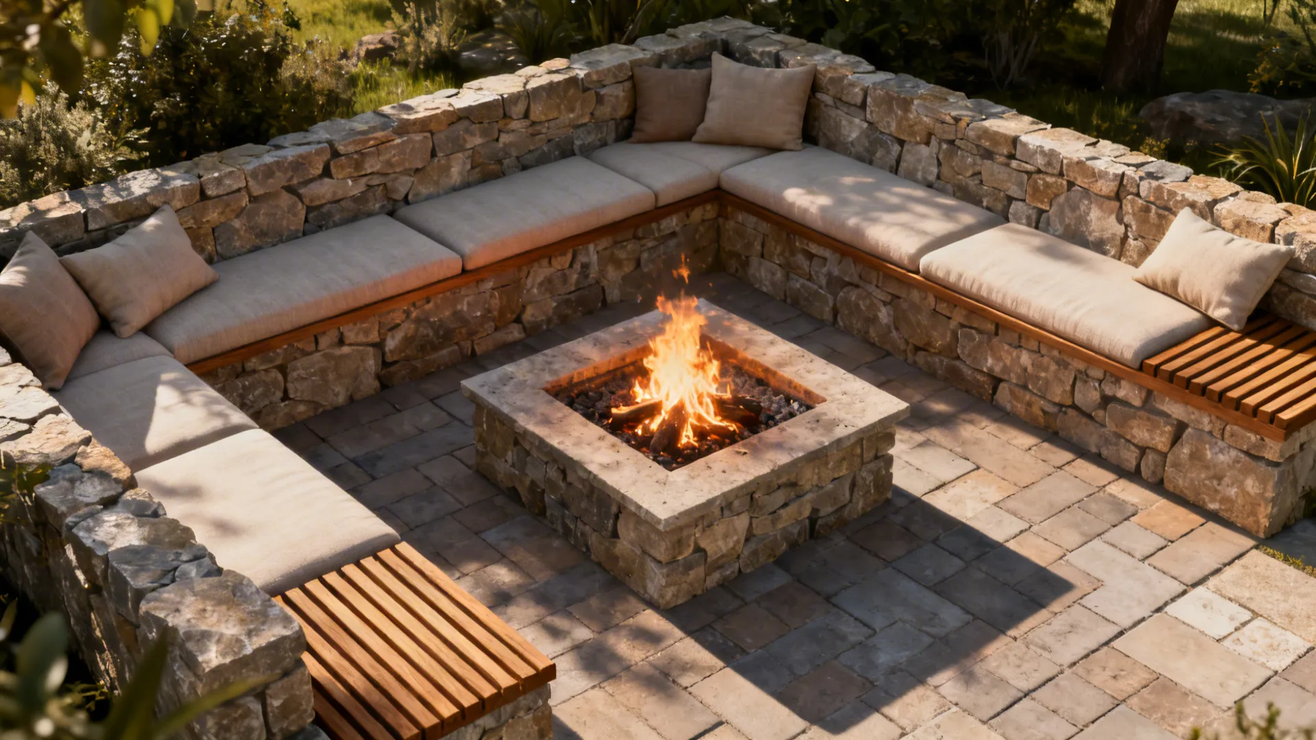 Square stone fire pit with built in seating area cushions wood slats and paved patio