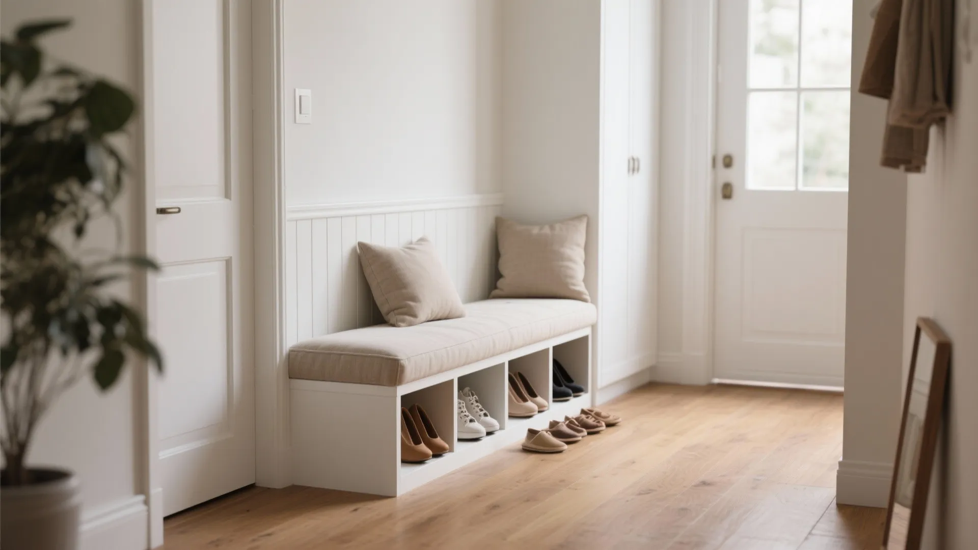 Bright hallway featuring a white storage bench with cushions shoes underneath and wood flooring design