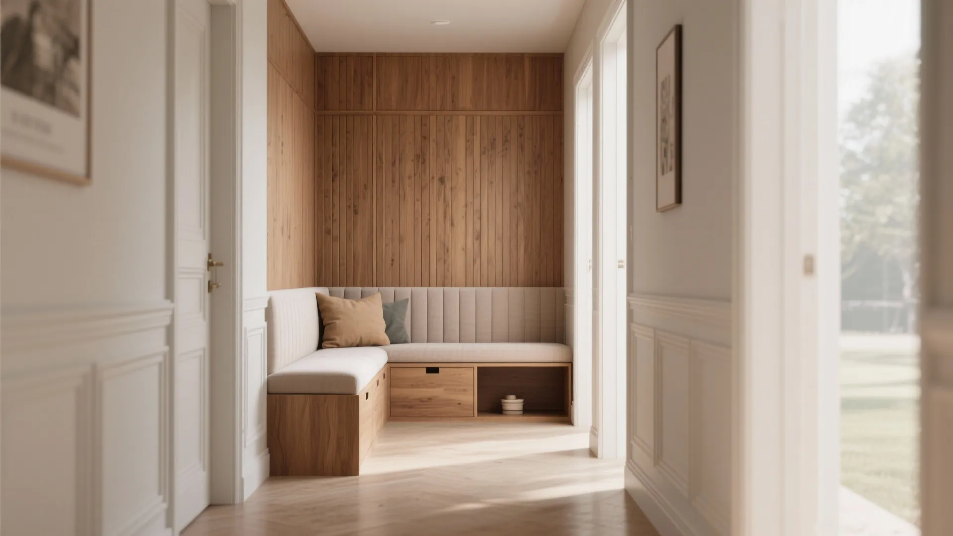 Sunlit hallway featuring a built-in corner bench with storage drawers and a wood wall panel
