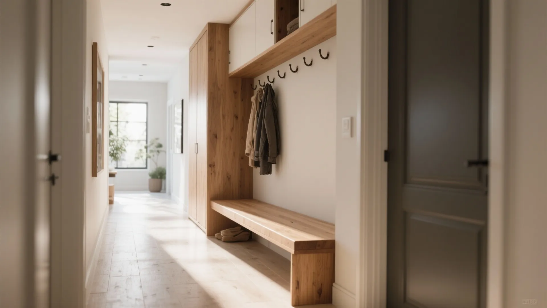Bright hallway featuring a wooden bench with wall hooks and built-in cabinets for home storage