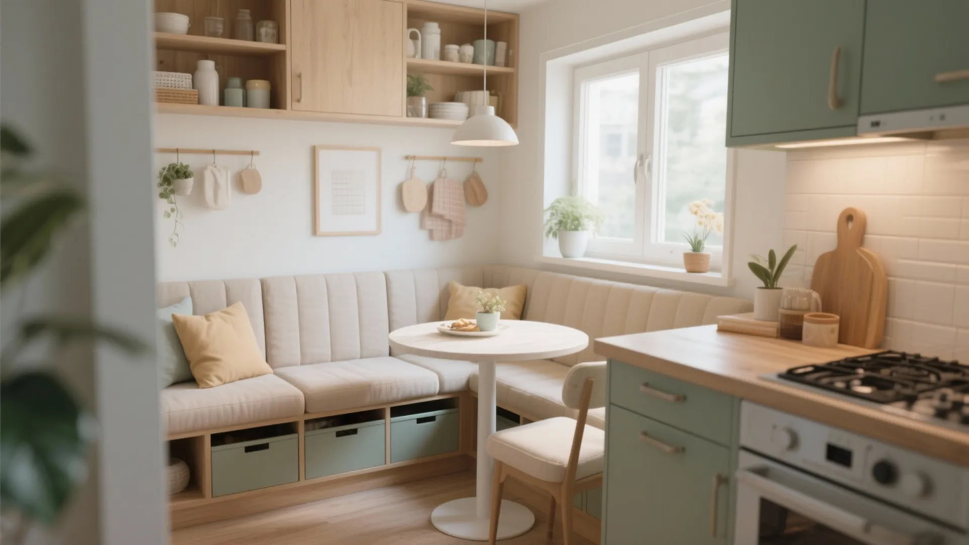 Cozy kitchen dining area with built-in bench seating, round white table, and bright window view