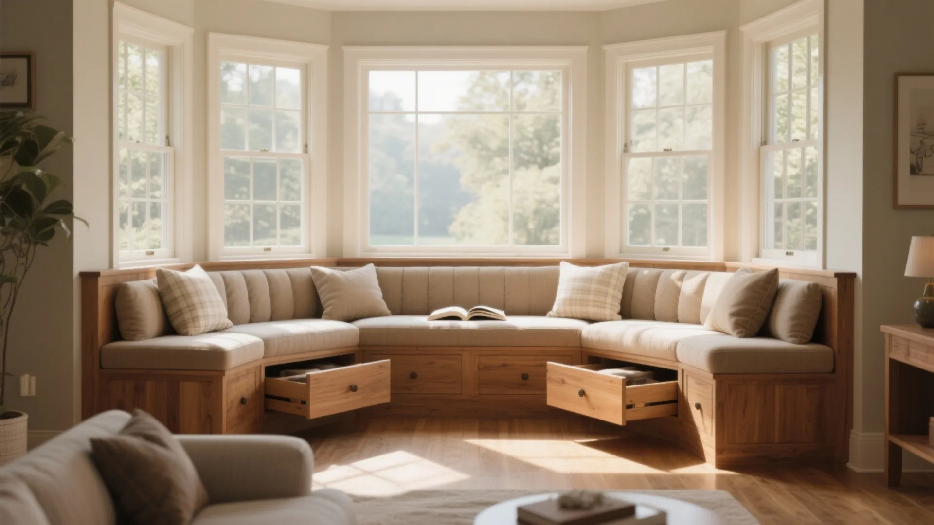 Wooden bay window seat with beige cushions and open storage drawers in bright cozy room