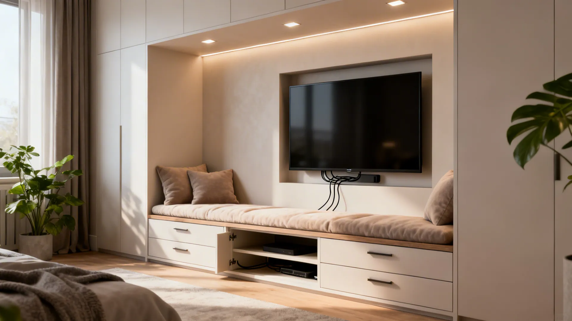Built-in bench TV nook with hidden storage and recessed TV in a studio layout.