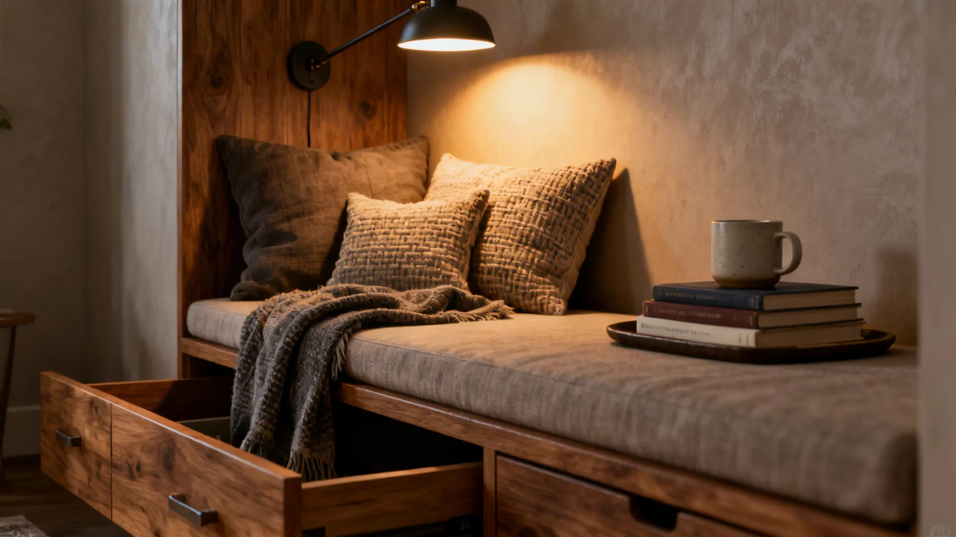 Cozy built-in bench reading nook with storage drawers, cushions and wall lamp.