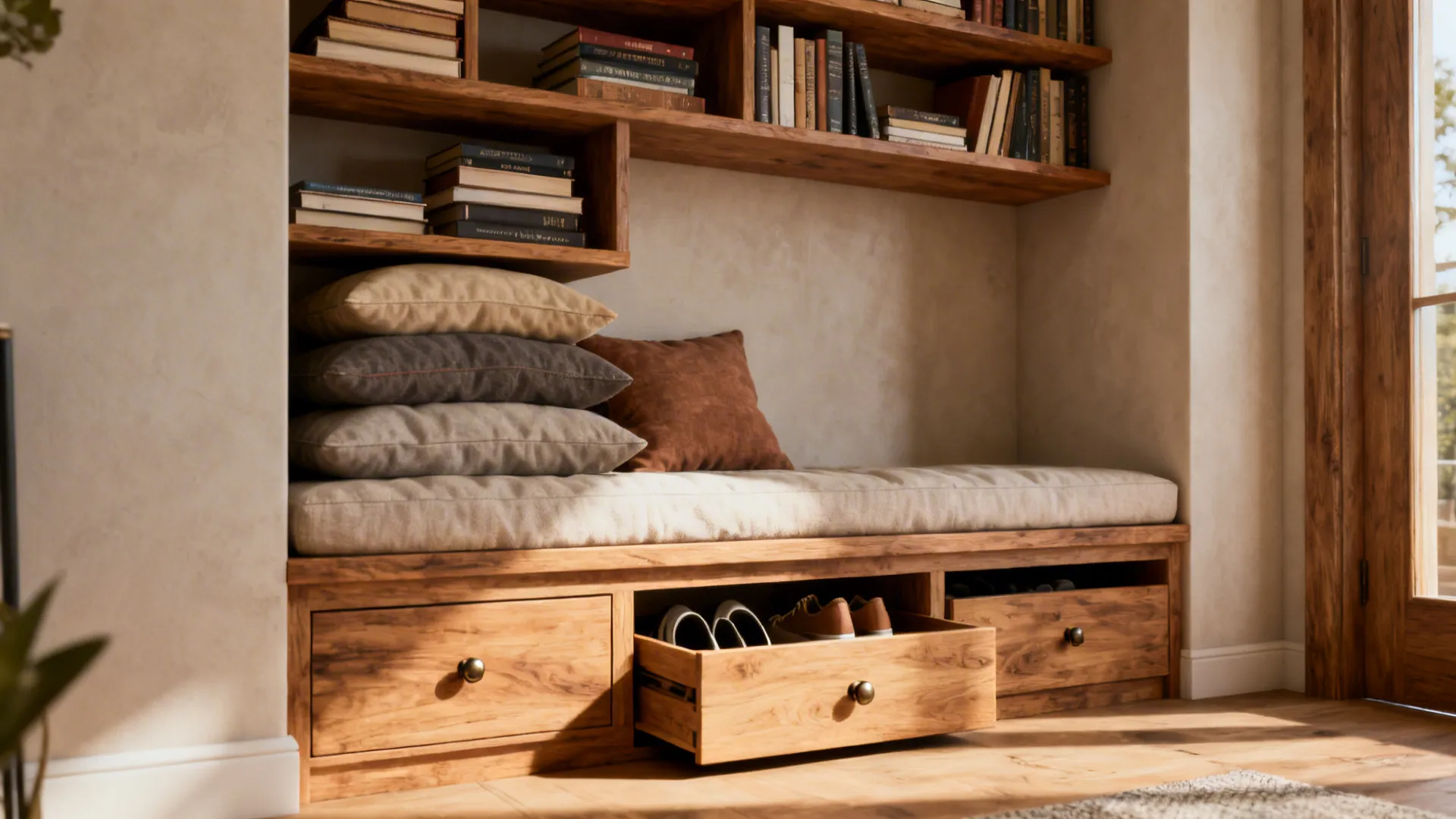 Wooden bench nook with soft pillows and bookshelves above plus open drawer for shoe storage