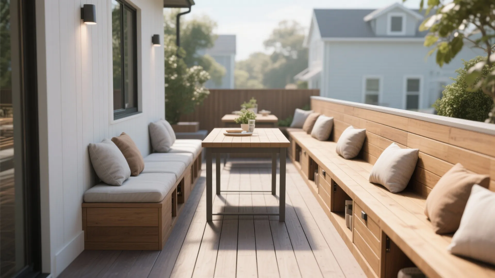 Modern narrow balcony with wooden built-in bench seating and small table with soft grey cushions