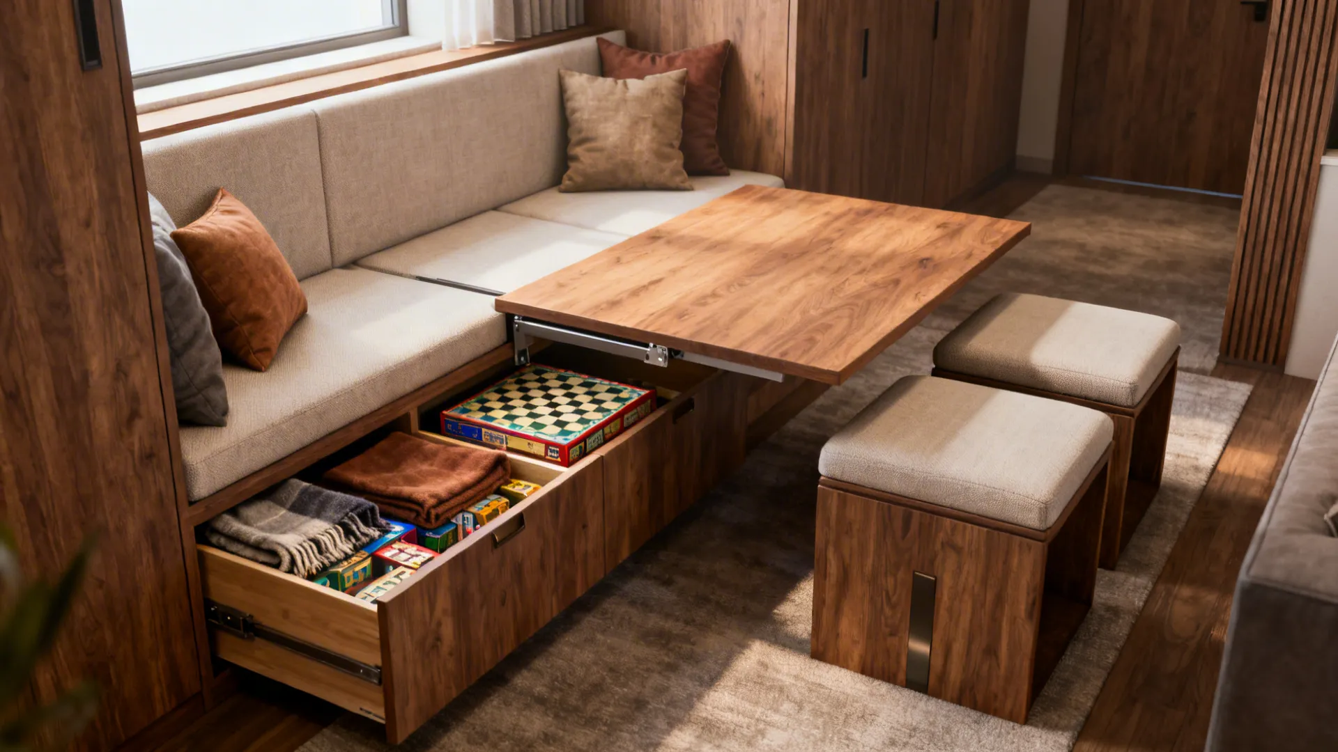 Built-in bench with pull-out tabletop and hidden storage for games in a narrow living room