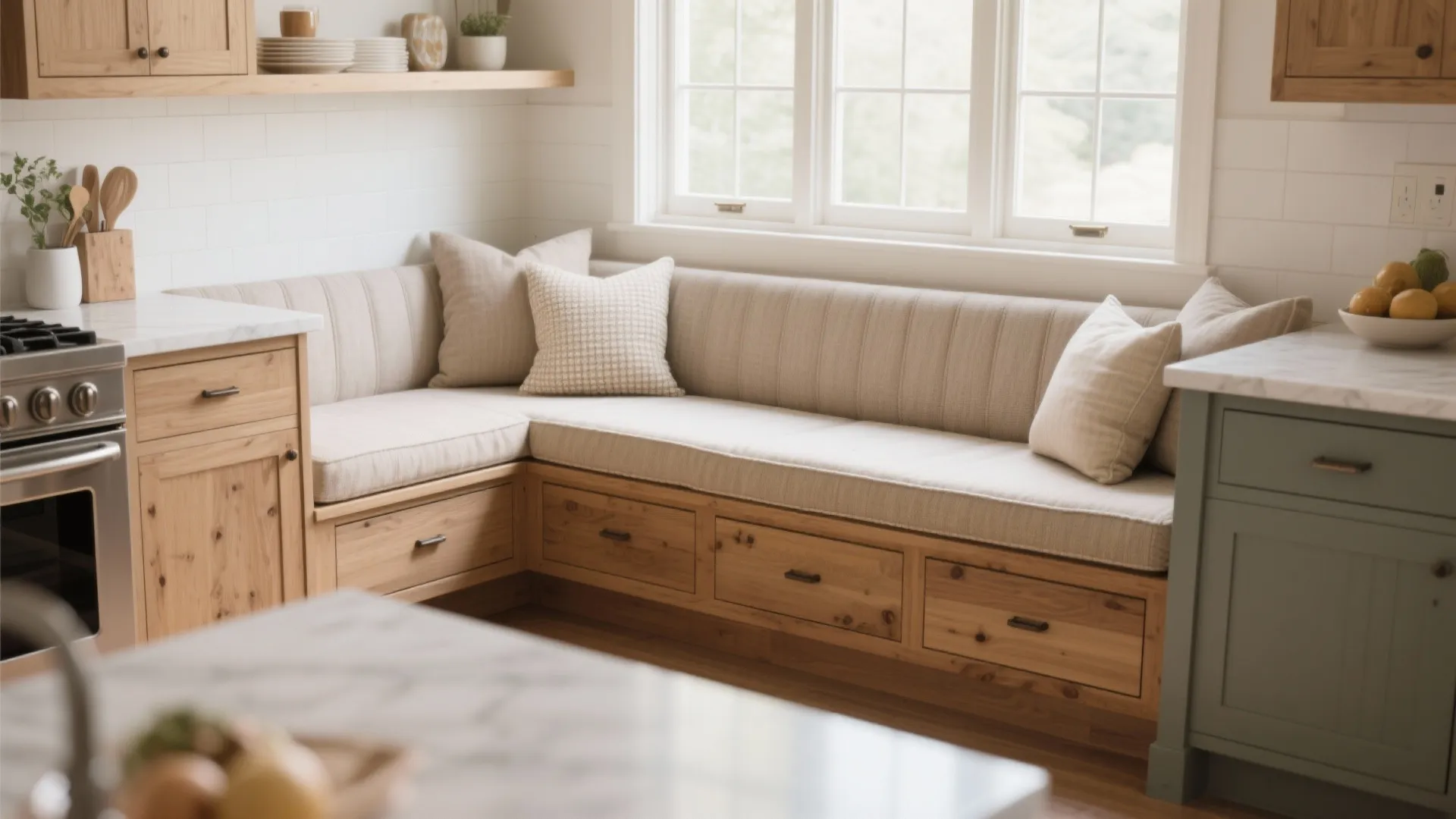 Built-in wooden bench with beige cushions and storage drawers placed under a bright kitchen window