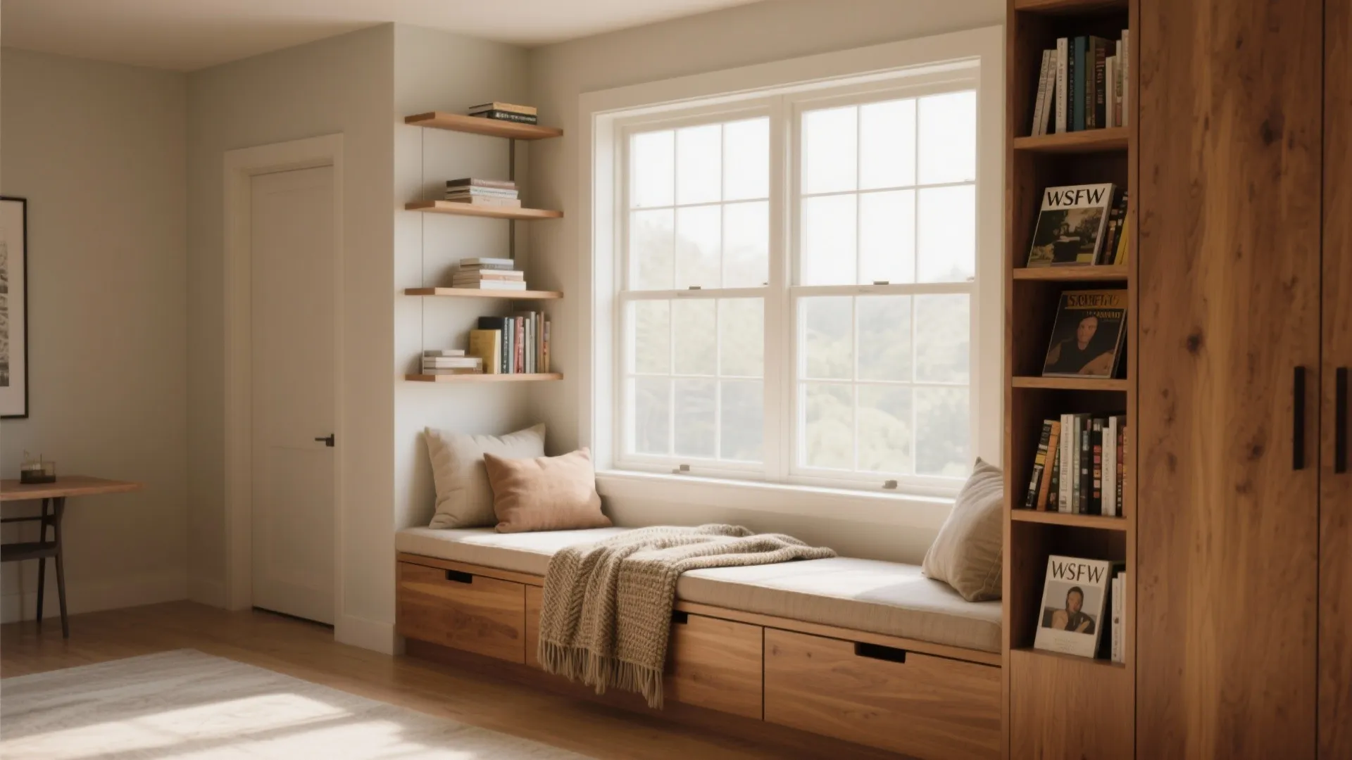 Built-in wooden window seat with storage drawers, grey cushions, pillows, blanket, and tall wooden bookshelves