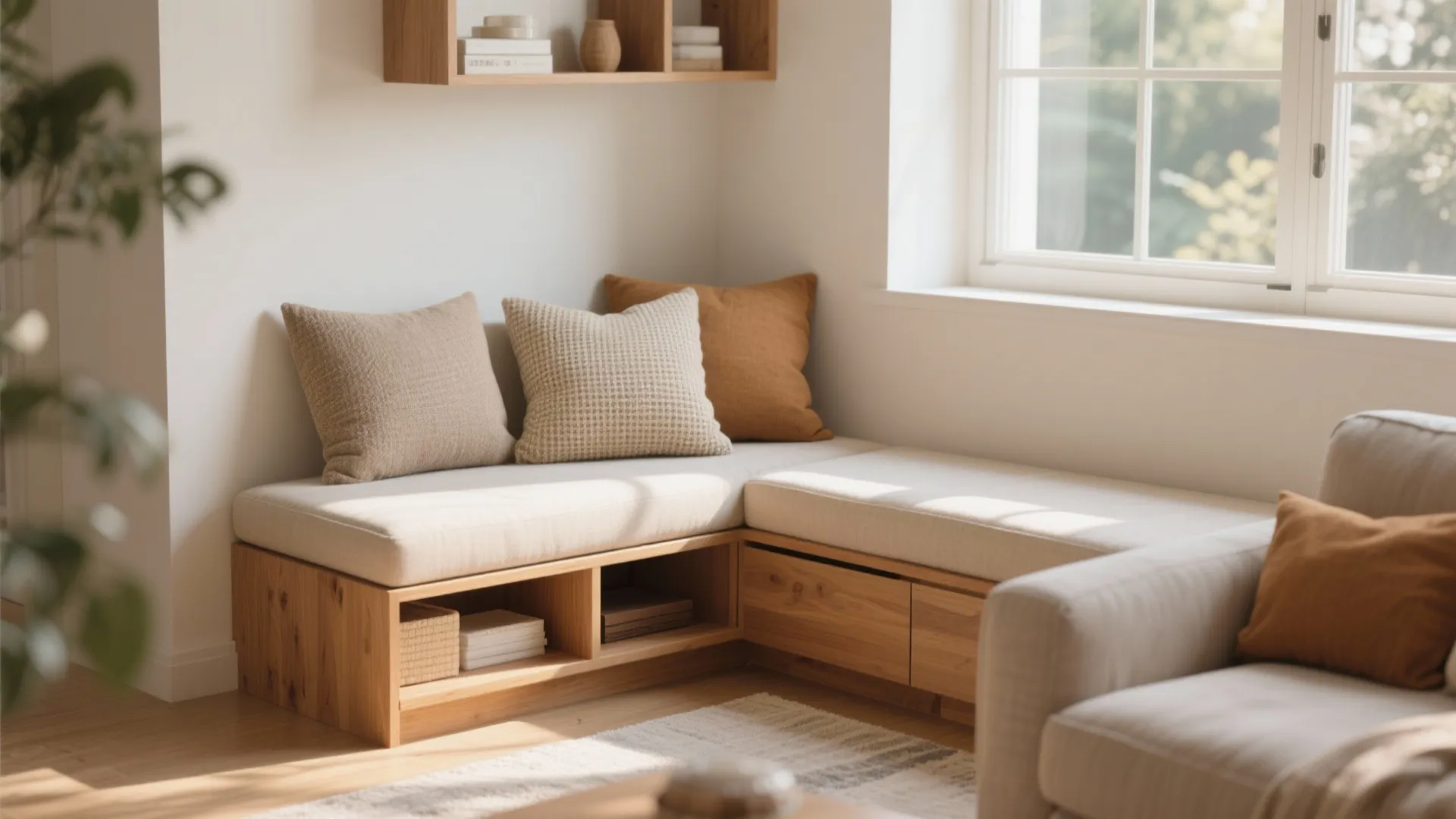 Wooden corner bench with storage drawers beige cushions and pillows near white window and shelf