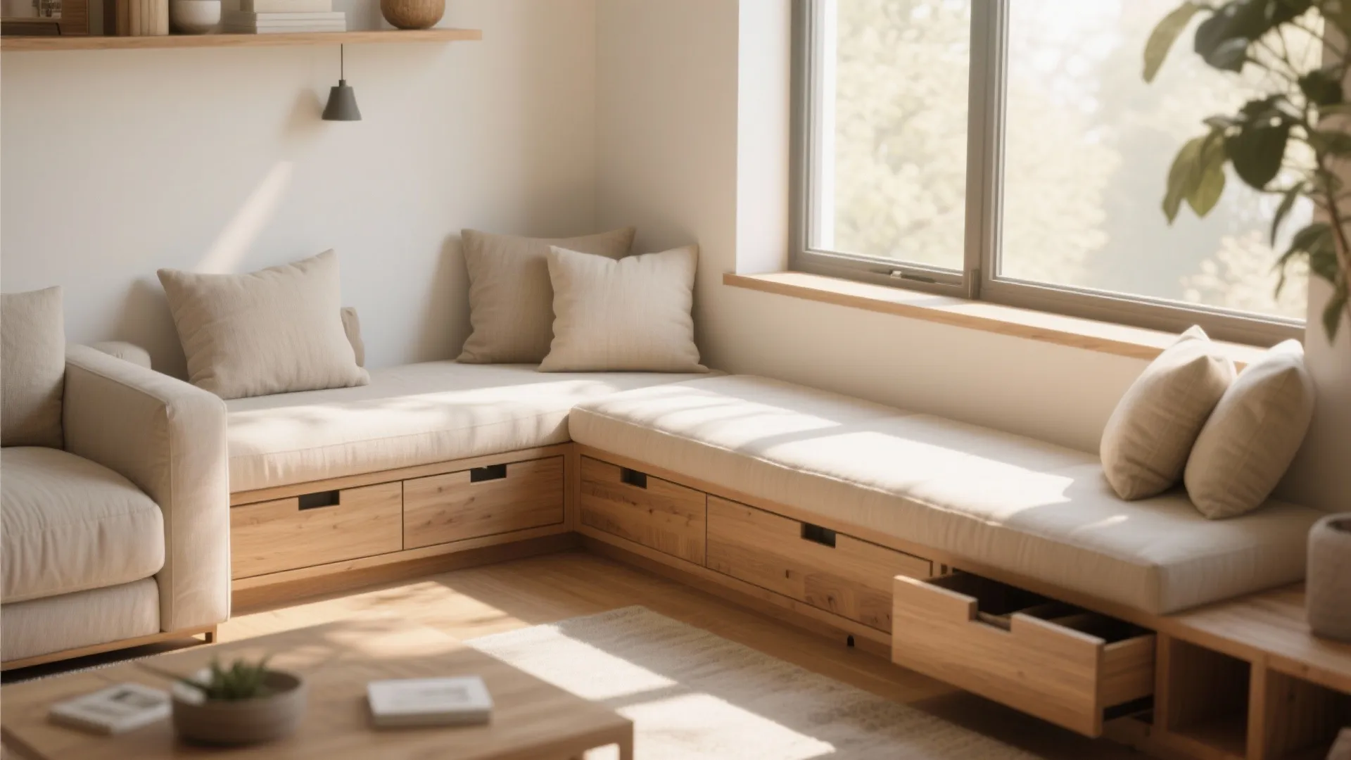 Custom wooden window seat with built in storage drawers beige cushions and natural sunlight indoor