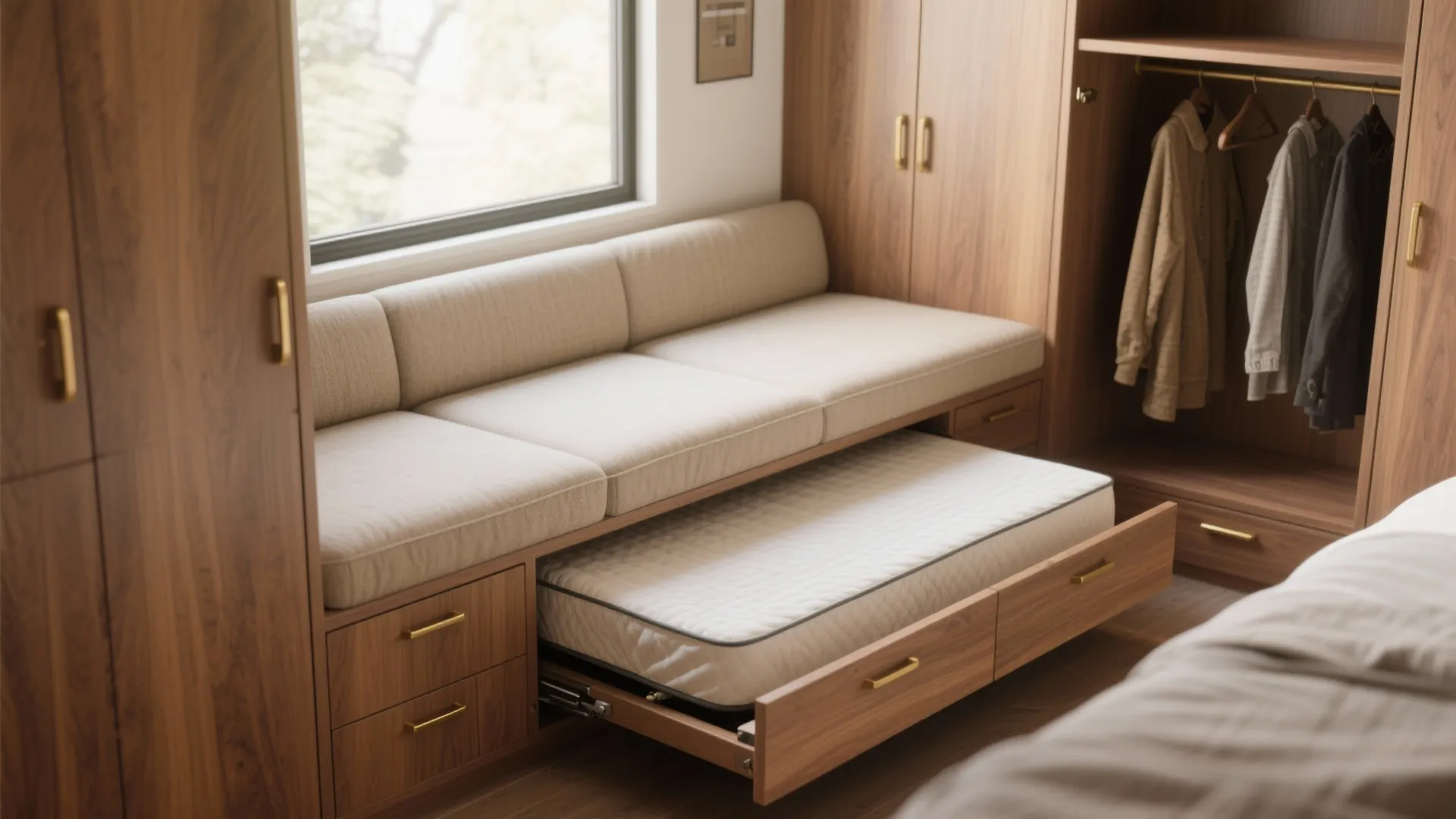 Built-in window bench with hidden storage and pull-out guest mattress in ADU