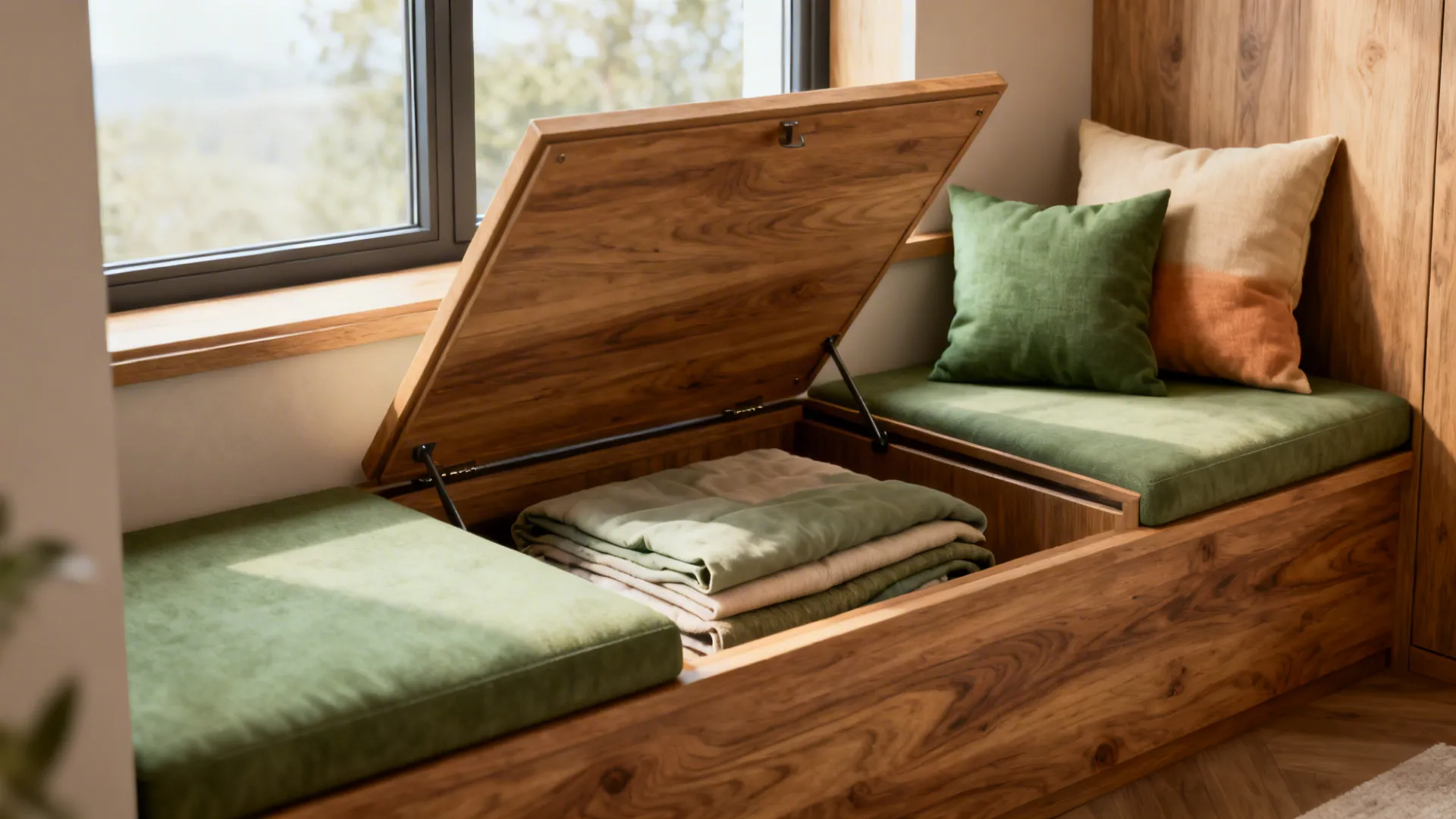 Built-in window bench with lift-up storage showing folded bedding and layered cushions