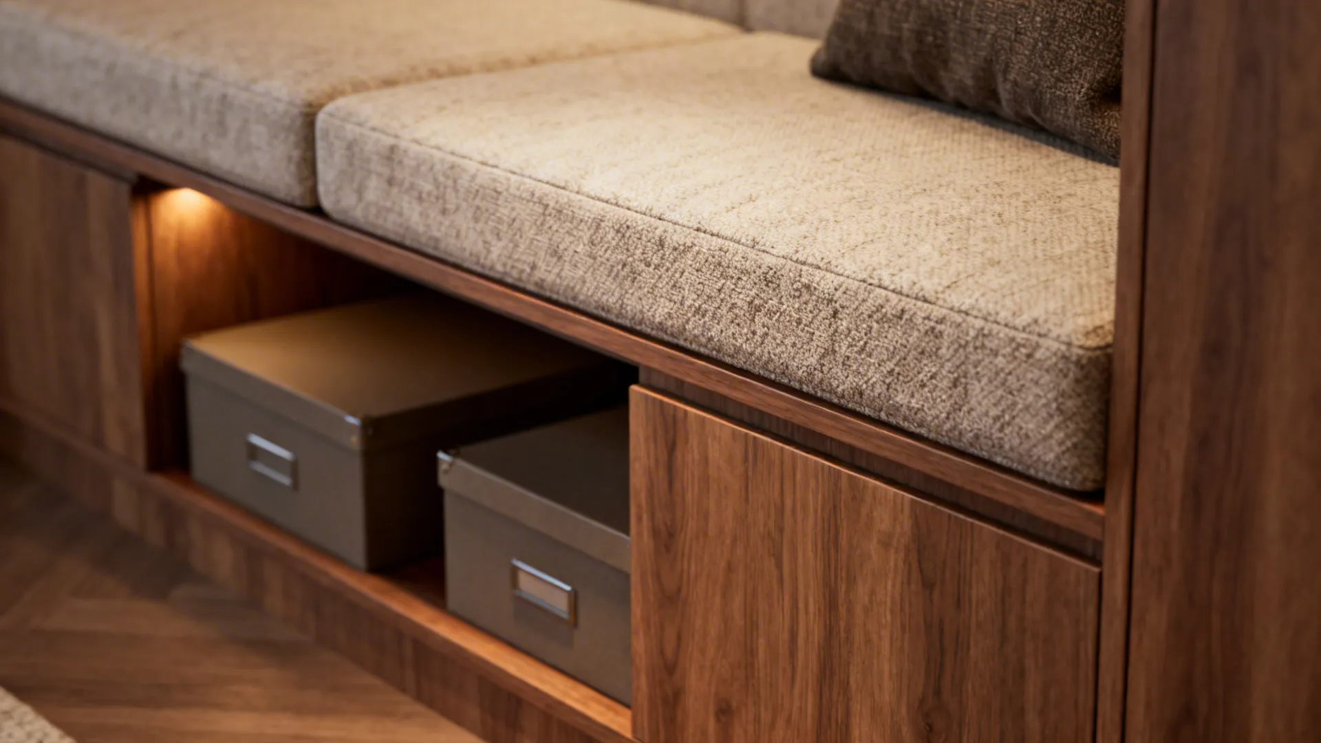 Shallow built-in bench with hidden storage and removable cushions in a small living room