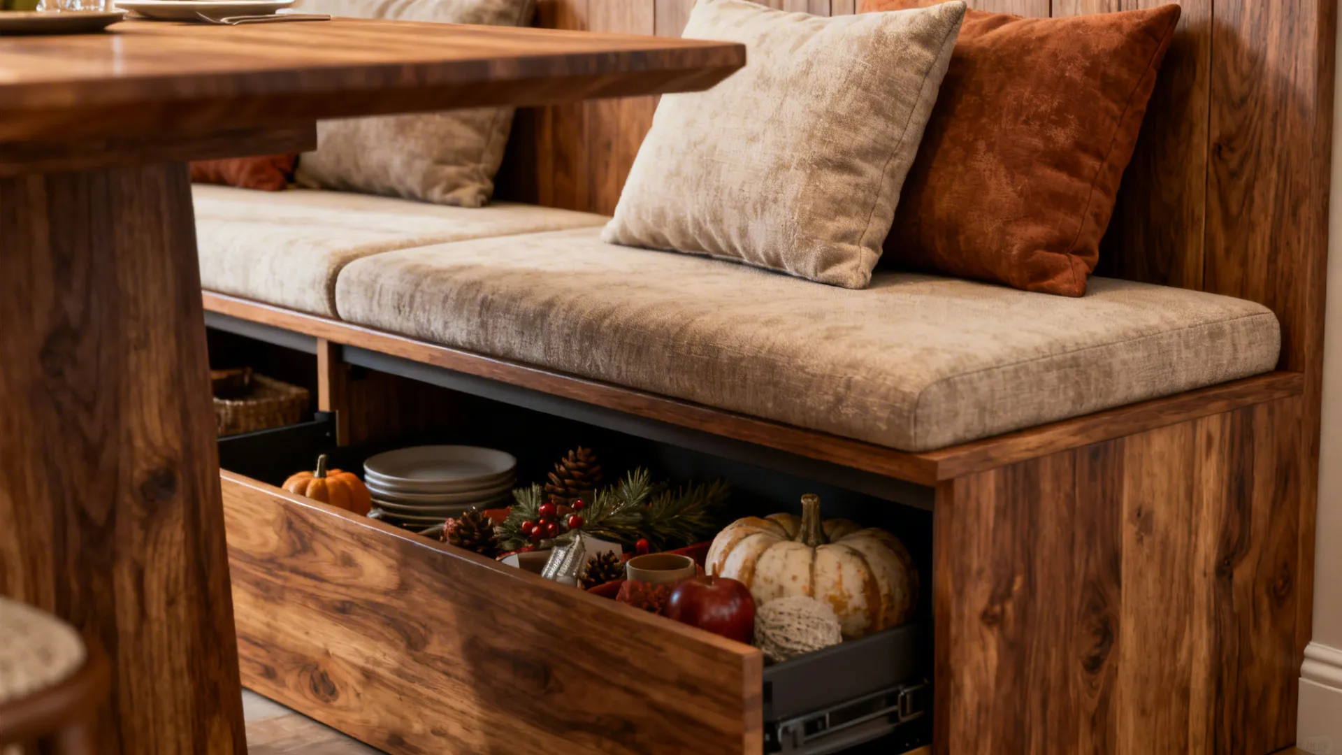 Wooden bench with soft cushions and an open drawer containing plates and seasonal holiday home decorations