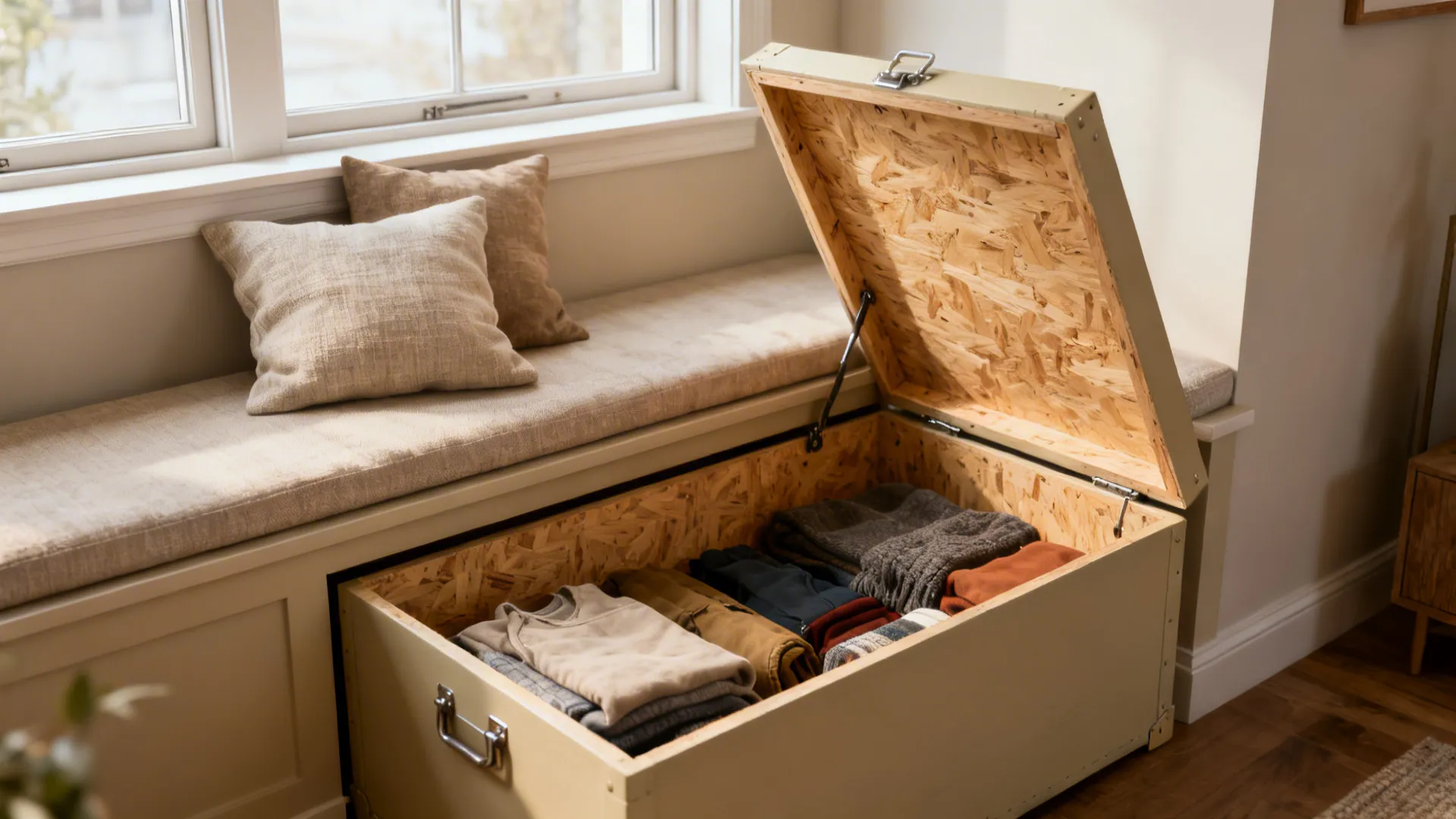 Built-in window bench with open hinged top revealing hidden storage trunk and neutral cushion