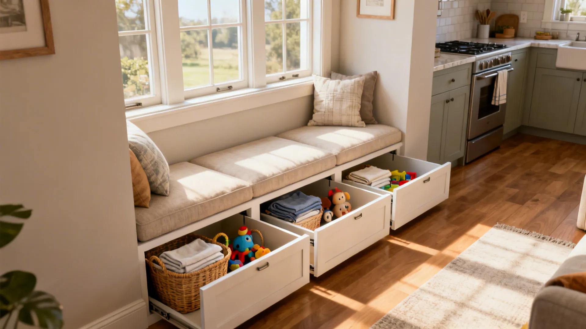 Built-in cushioned bench with hidden storage along a window, integrated into a compact kitchen-living space.