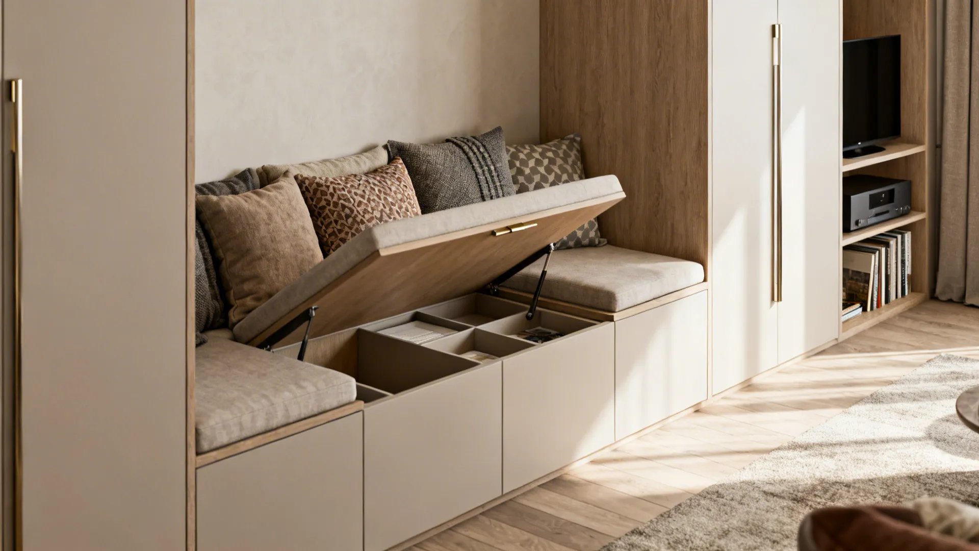 Built in bench seat with open storage compartment cushions and modern wooden cabinets in living space