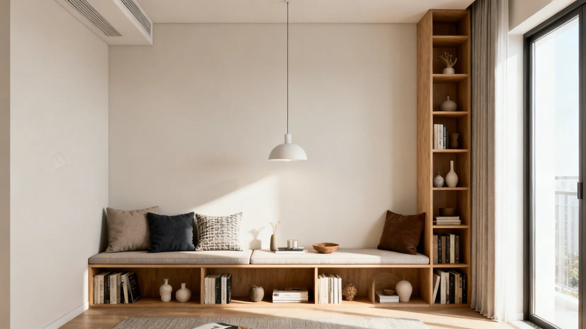 Small living room with low built-in bench and open shelving providing seating and storage