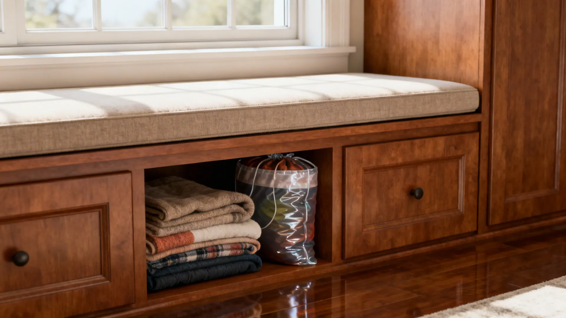 Upholstered window bench with hidden cubbies storing blankets and vacuum bags, matching cabinetry finishes