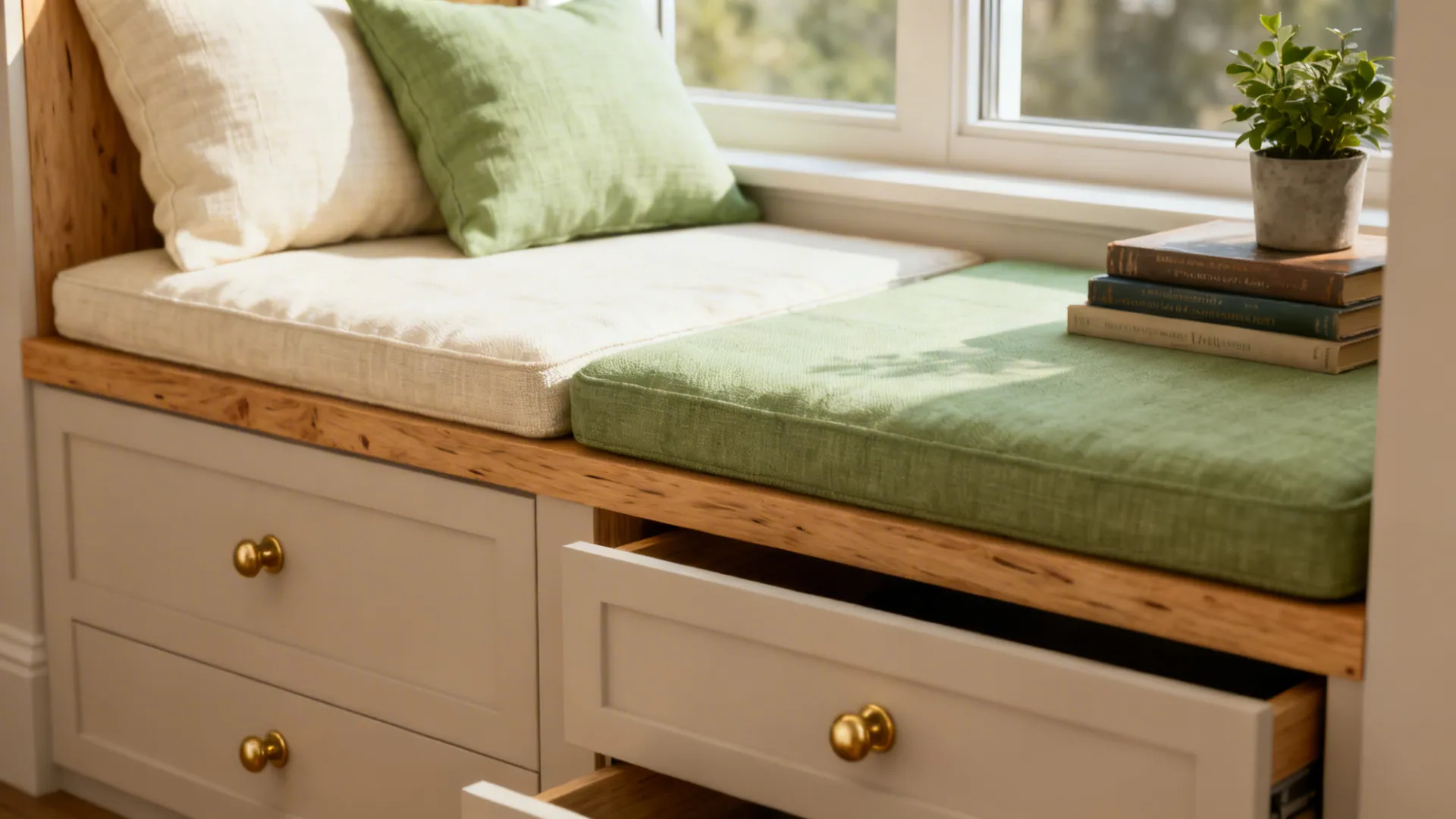 Built-in window bench with removable cushions and hidden storage drawers in a light wood finish.