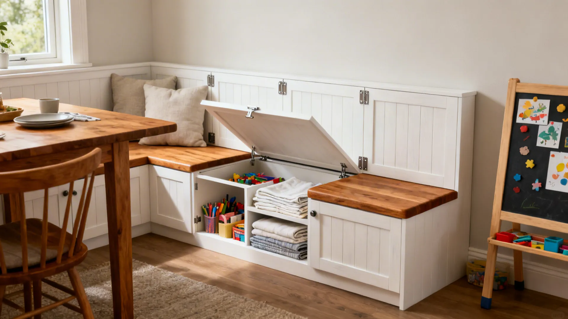 Built-in dining bench with flip-up seats showing hidden storage beside a wood table.